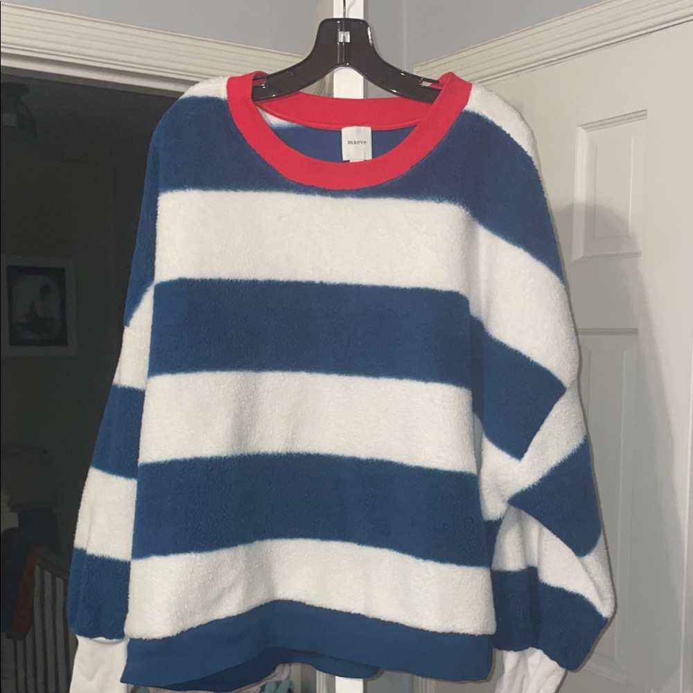 Maeve Blue, White & Red Striped Crewneck fleece sweatshirt